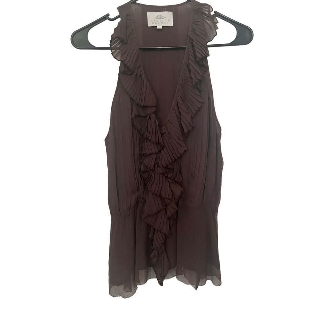 Madison Marcus Brown Sleeveless Ruffle Front Blouse Size Small EUC